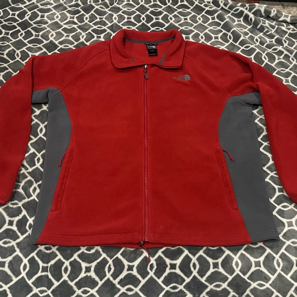 The North Face Fleece Red And Gray Full Zip Jacket ! Size XL !